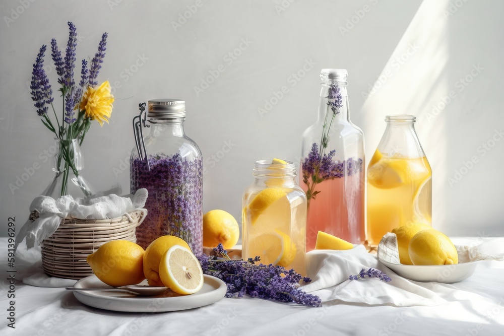  a table topped with bottles filled with lemons and lavenders next to a plate of lemons and a basket