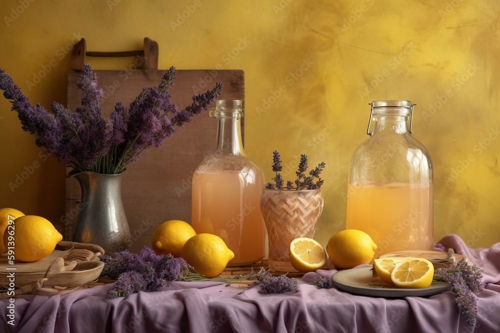  a table topped with bottles of liquid and lemons next to a plate of lemons and lavenders on a cloth