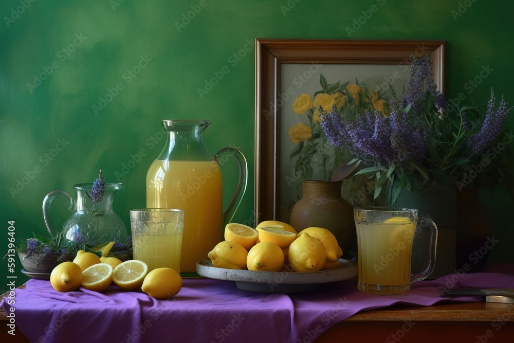  a painting of lemons and a pitcher of orange juice on a table with a plate of lemons and a pitcher 