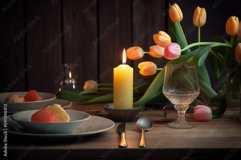  a table topped with plates of food and a lit candle next to a vase of tulips and a glass of wine on