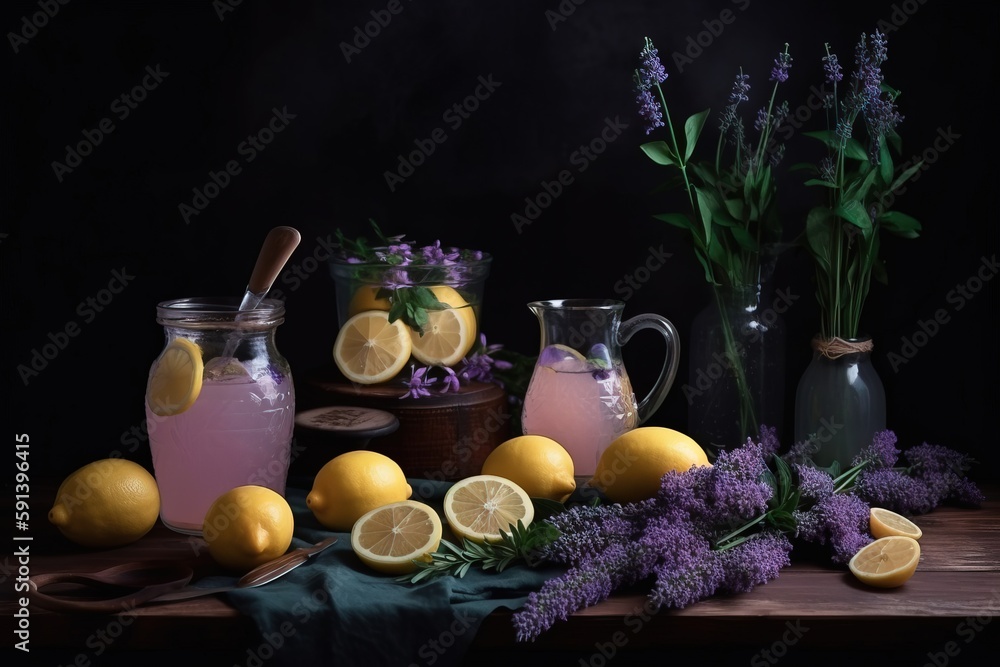  a still life of lemons, lavender, lemonade, and lemonade in glass pitchers and jars on a table with