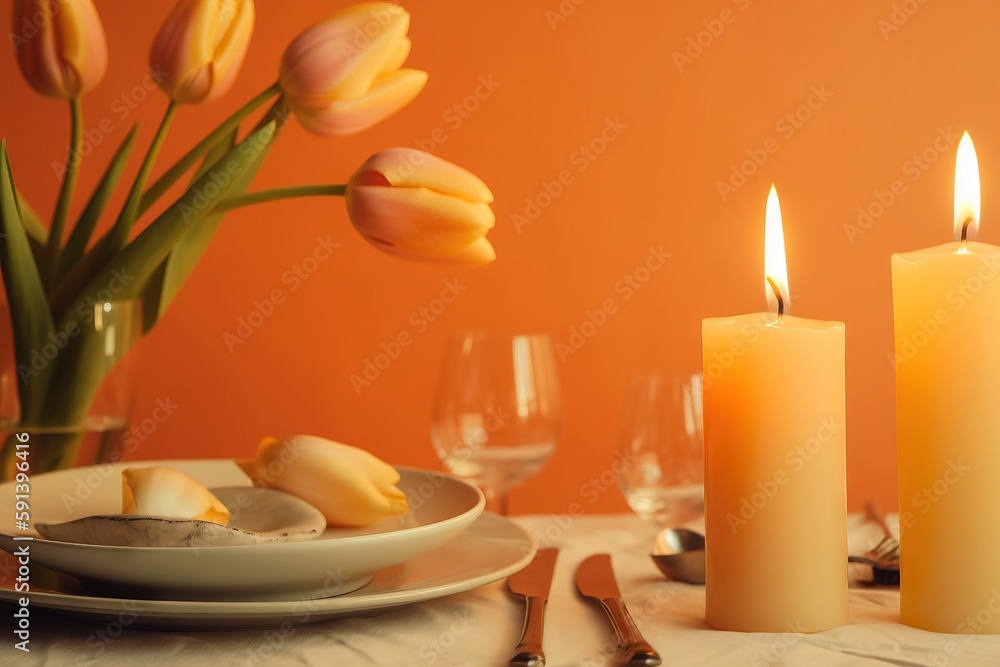  a table with a plate of food and a vase of flowers on it with candles on it and a plate of food on 