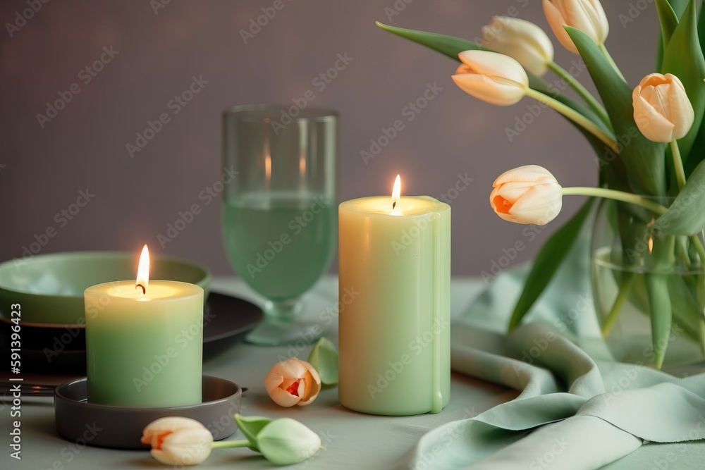  a table topped with a vase filled with flowers next to two candles and a vase filled with tulips on