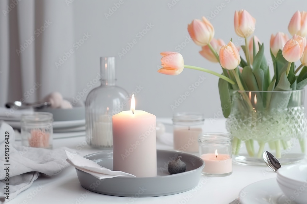  a white table with a vase of flowers and a lit candle on top of a plate with a fork and spoon on it