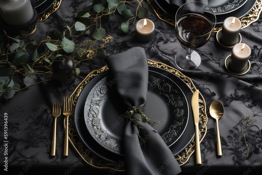  a table set with a black and gold place setting and silverware and a black and gold plate with a bl