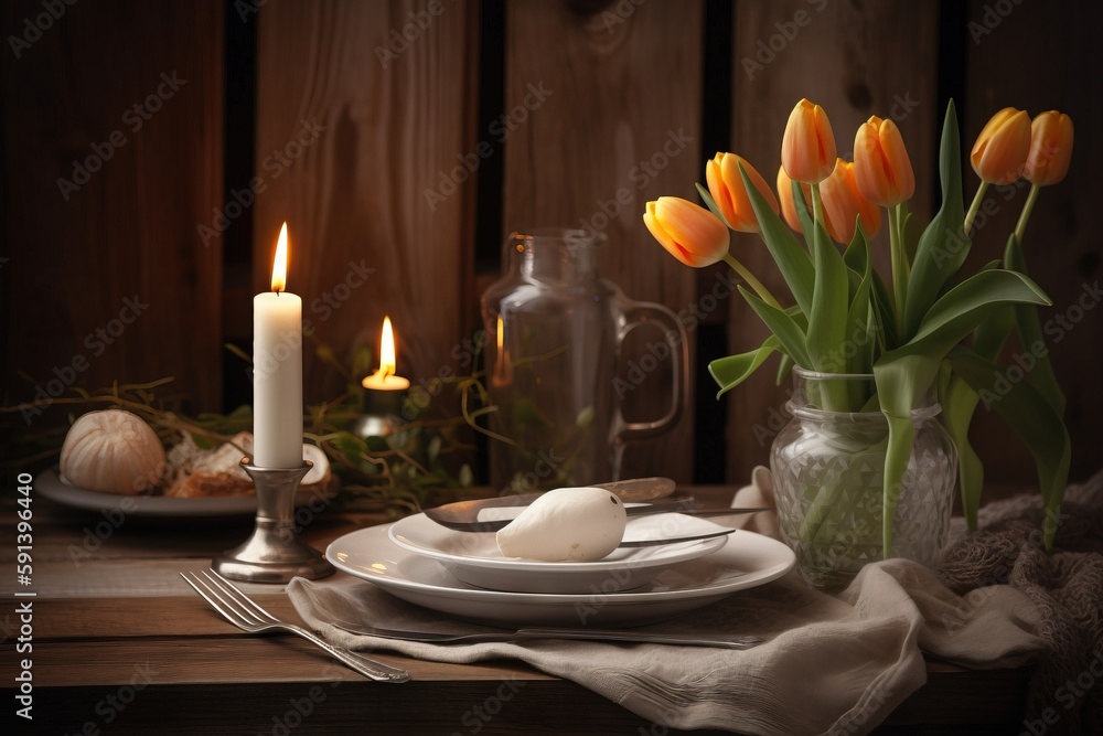  a table with a vase of tulips and a plate with a salt and pepper shaker on it and a candle in the b