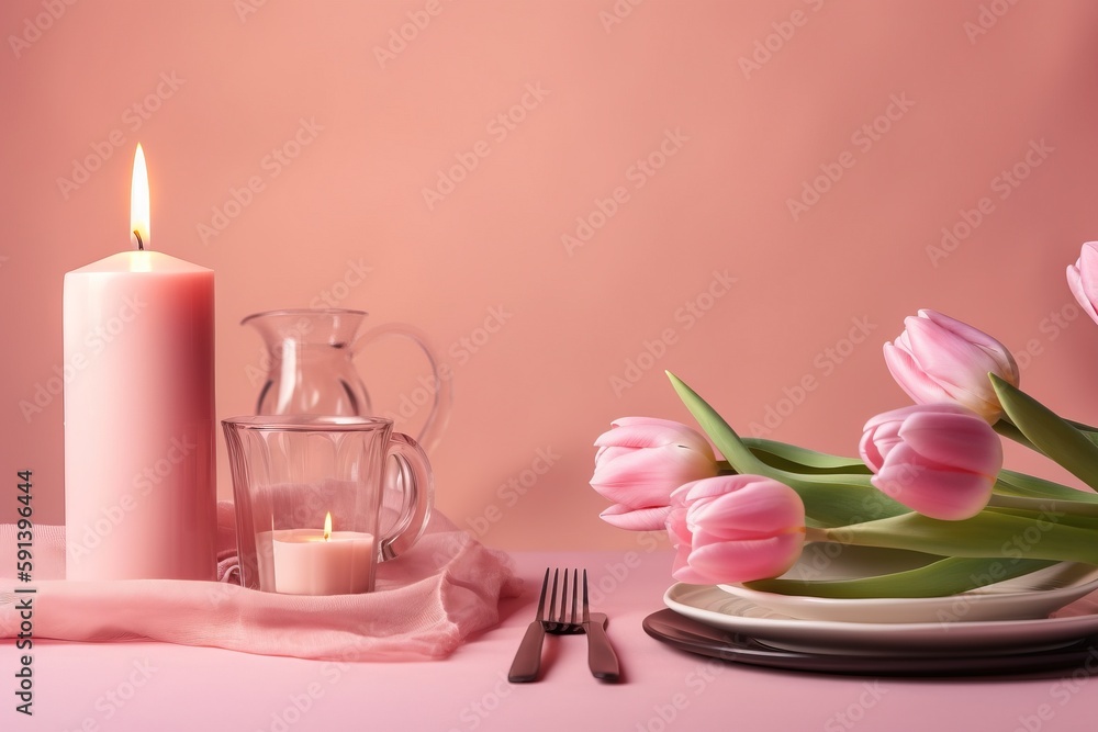  a pink table setting with a candle, plate, and flowers on a pink table cloth with a pink background