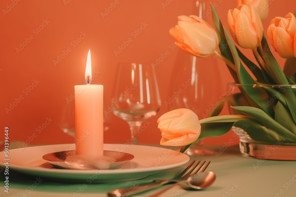  a lit candle on a plate with a glass of wine and a vase of tulips in the background with wine glass