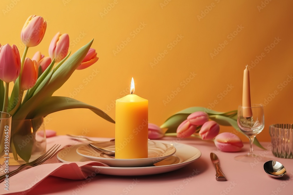  a table with a plate and a candle on it with a vase of tulips in the background and a glass of wate