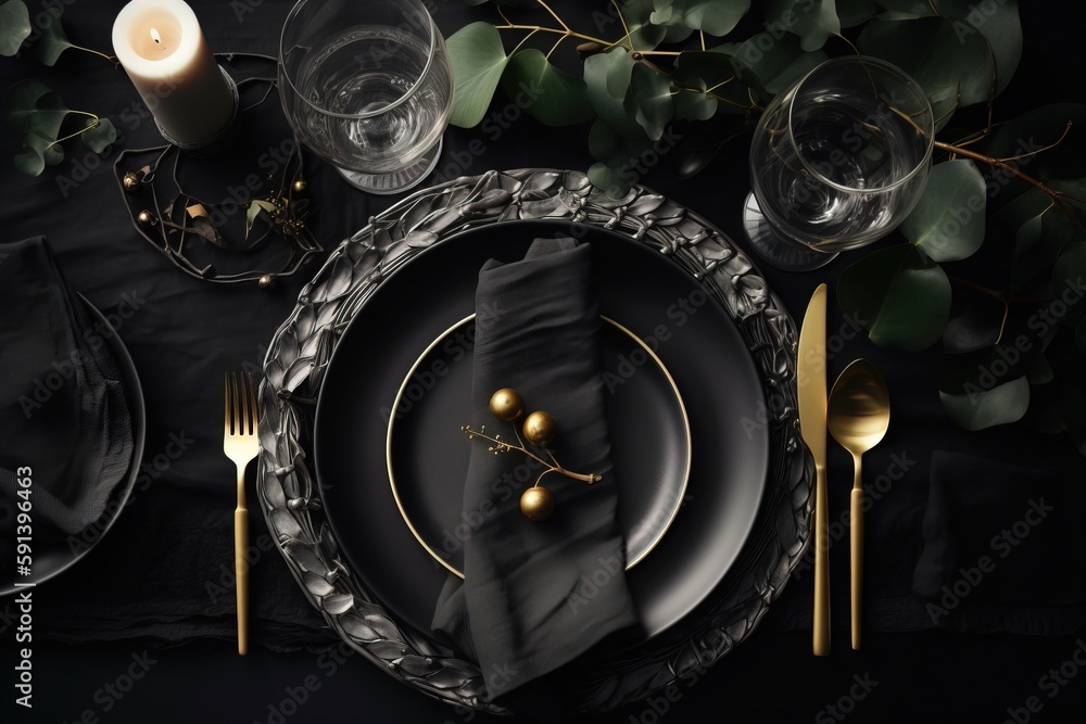  a table setting with a black and gold place setting and a candle and some greenery on the side of t