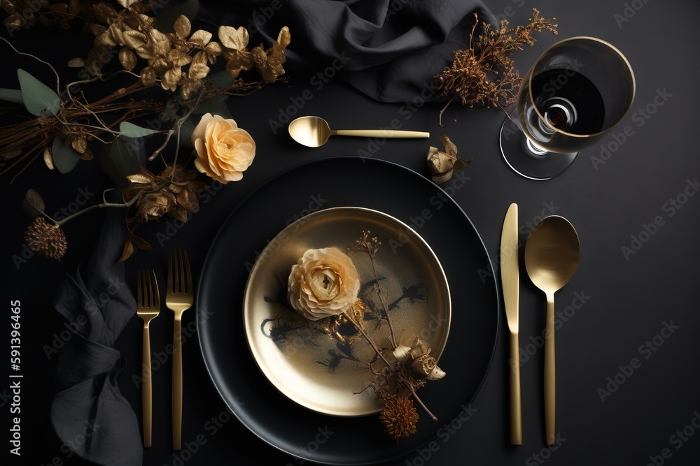  a table setting with a black plate and gold cutlery and a black napkin and a rose centerpiece and a