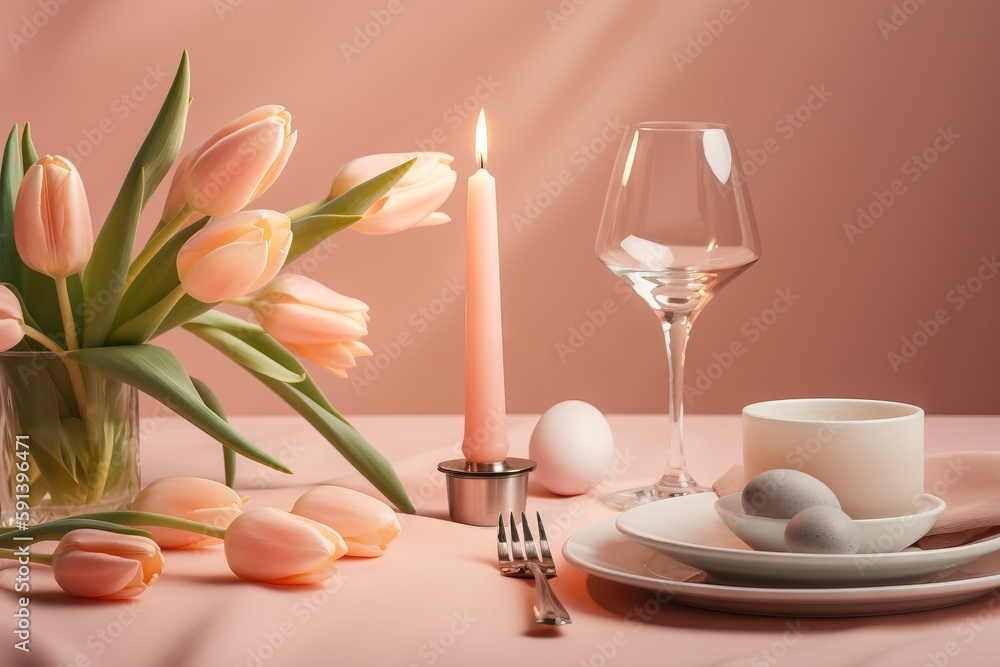  a table with a vase of flowers and a plate of eggs and a glass of wine and a candle on the side of 