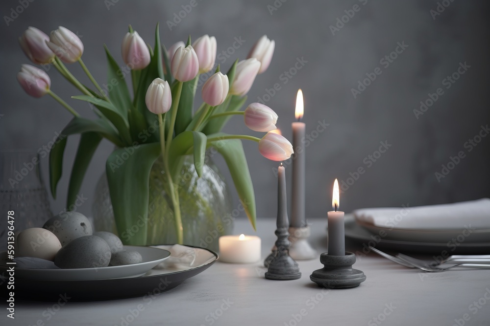  a vase of tulips and eggs on a table with a candle and plates of food on the table next to it and a