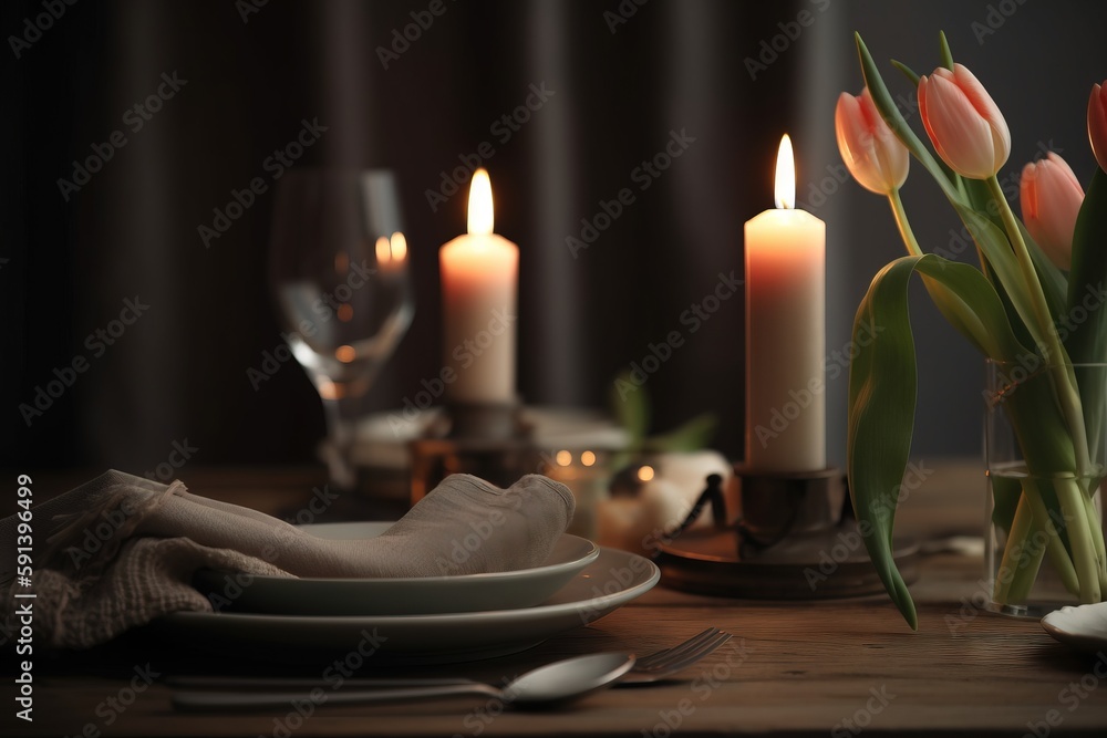  a table with a plate and a vase with flowers and candles on it and a napkin on a plate with a napki