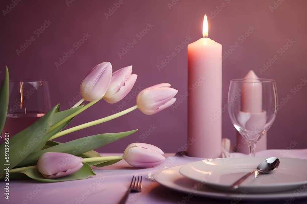  a table with a candle and a plate with a flower on it and a glass of wine on the side of the table 