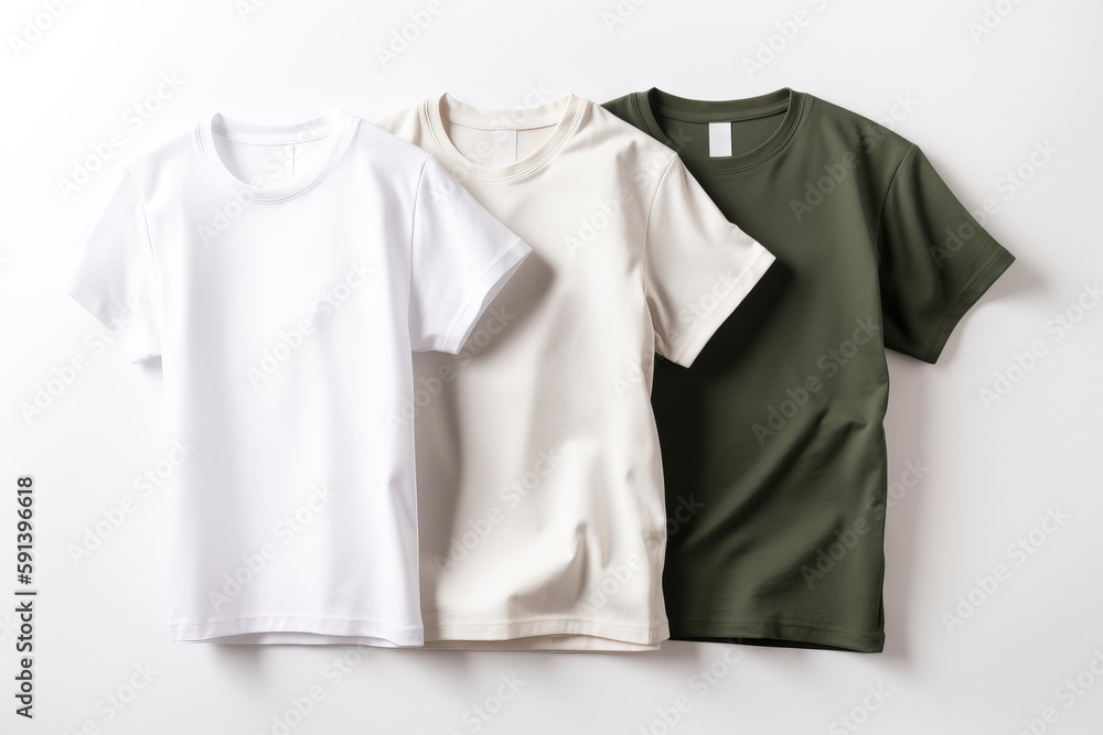  three t - shirts hanging on a wall with a white wall in the background and a green one in the foreg