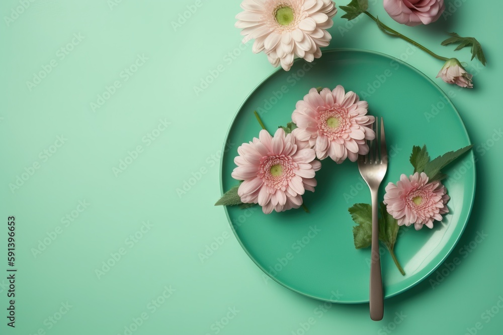  a green plate with pink flowers and a fork on top of it with a green background with a pink flower 