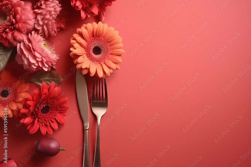  a fork and some flowers on a pink background with a red apple and an orange flower on the side of t