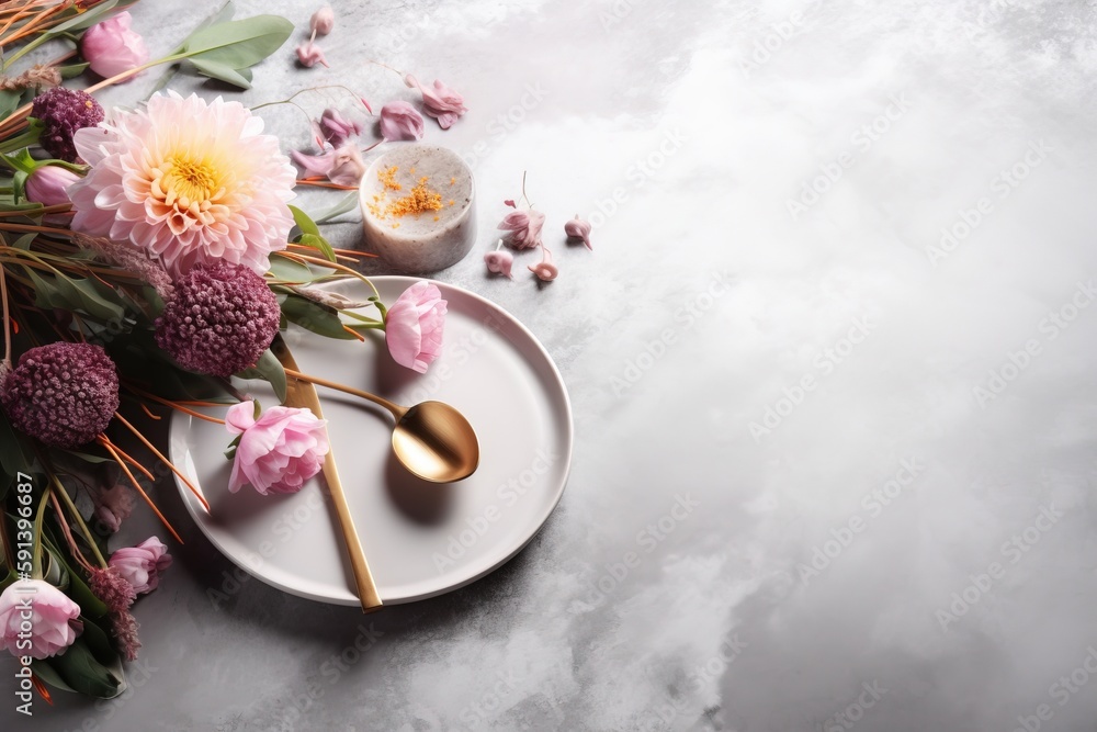  a white plate topped with pink flowers and a gold spoon next to a bowl of flowers on a white plate 