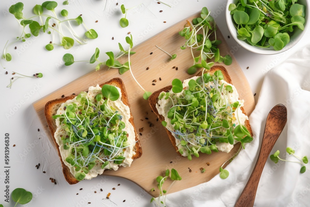  a wooden cutting board topped with two pieces of bread covered in green veggies next to a bowl of s