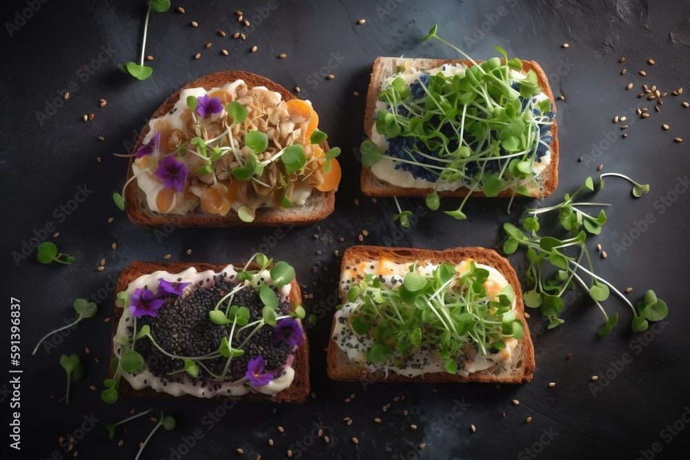  four pieces of bread with various toppings on top of it on a table with sprouts and other things on