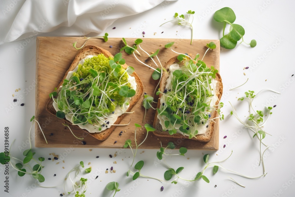  two pieces of bread with sprouts on top of it on a cutting board with a white cloth behind it and a