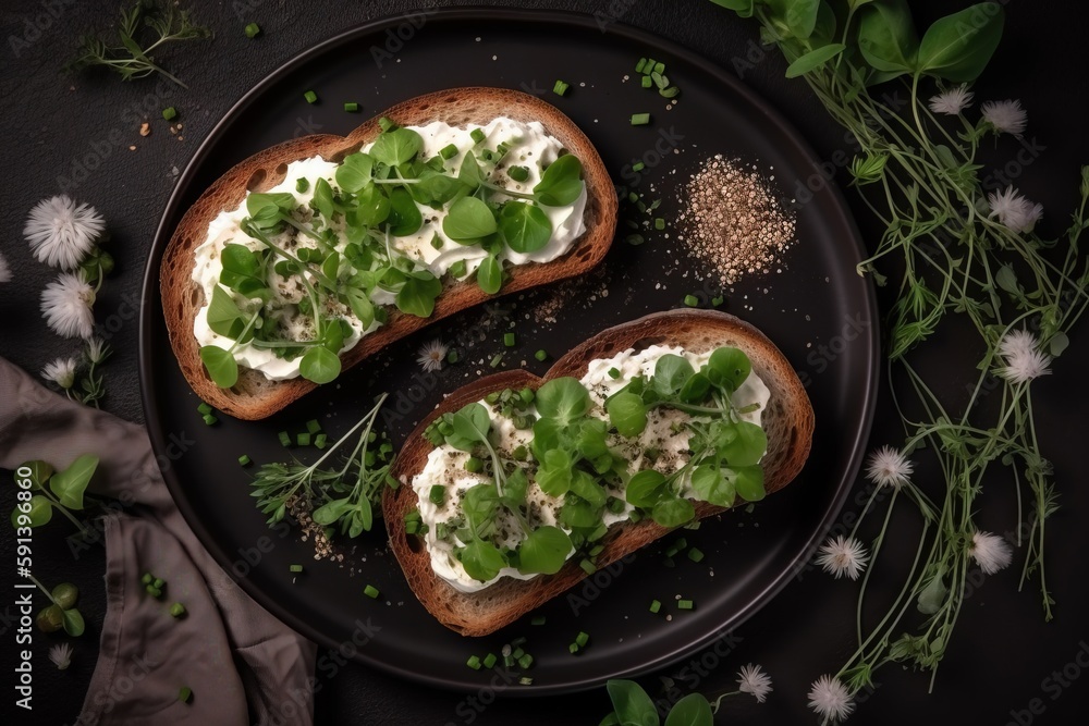  two pieces of bread with cream cheese and green leaves on a black plate next to a sprig of flowers 