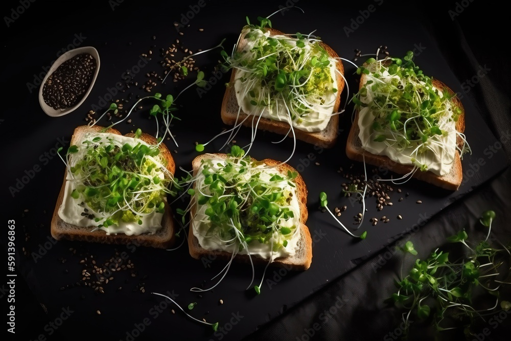  four pieces of bread with sprouts and sour cream on them on a black surface with a spoon and sprout