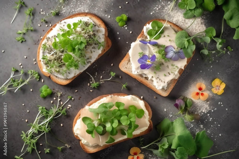  three pieces of bread with green vegetables on top of it and some flowers on the side of the bread 