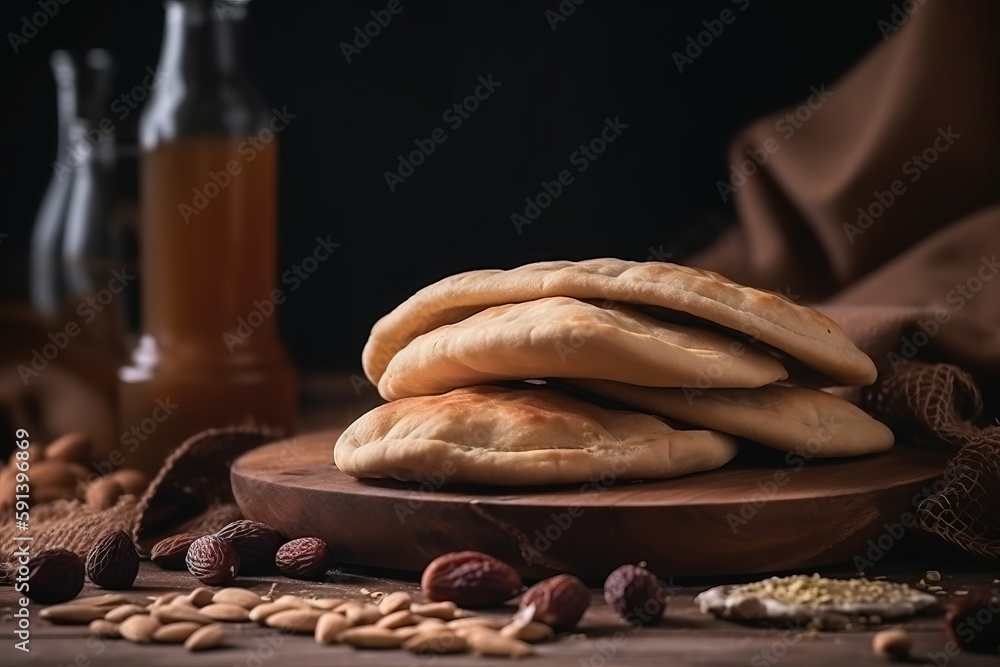  a pile of bread sitting on top of a wooden plate next to nuts and a glass of orange juice on a tabl