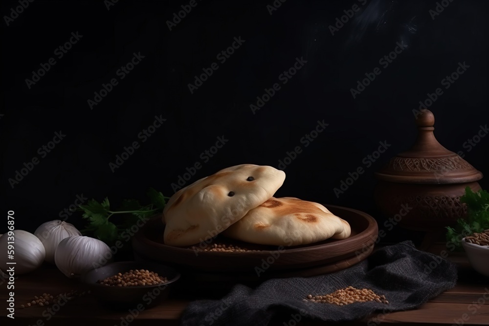  a plate of food on a table with a bowl of garlic and other food on a table next to a vase and a bla