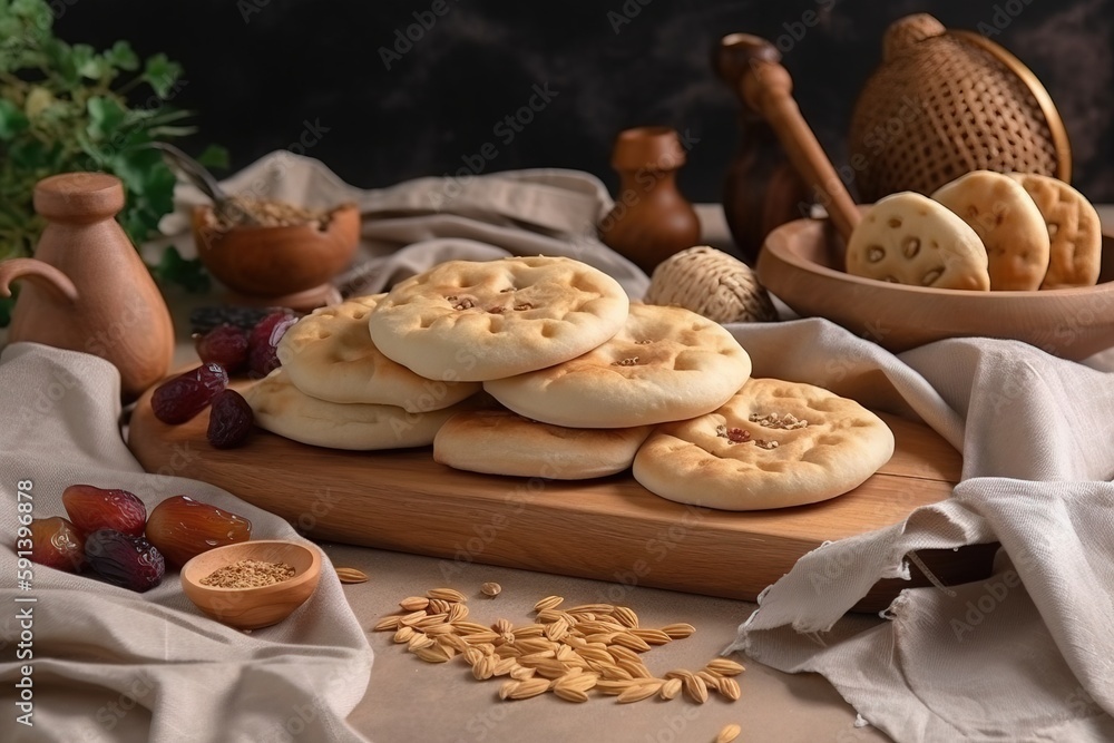  a wooden cutting board topped with cookies next to a bowl of nuts and other food on top of a cloth 