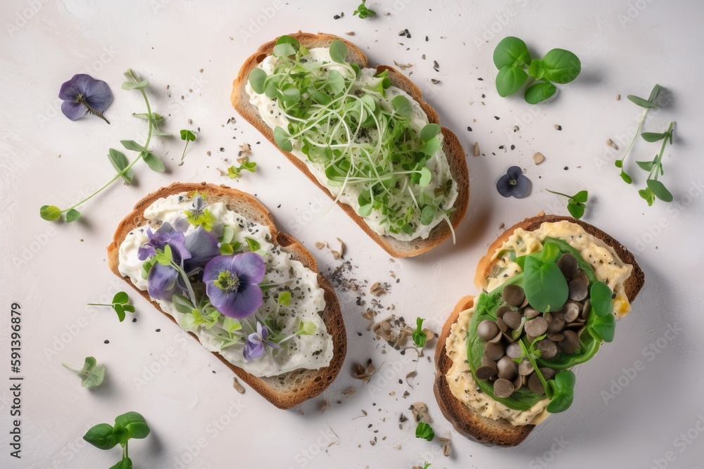  a white plate topped with three pieces of bread covered in veggies and sprout sprouts on top of eac