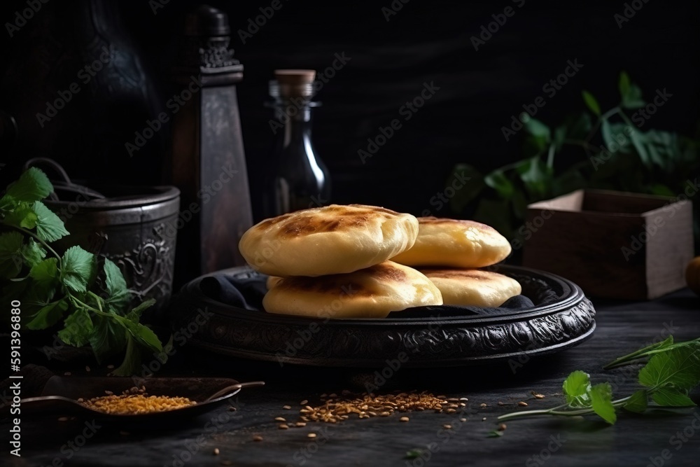  a plate of bread on a table with herbs and a bottle of wine in the background on a black tablecloth