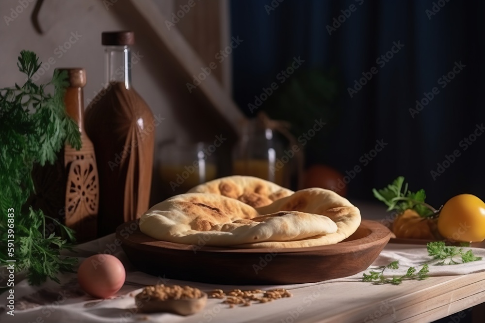  a table topped with a bowl of bread and other food on top of a wooden table next to a bottle of win