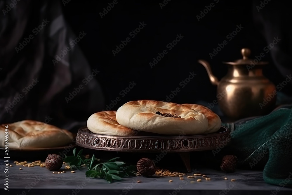  a couple of breads sitting on top of a metal tray next to a tea pot and a green cloth on a tableclo