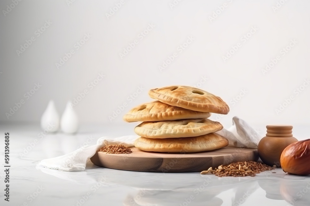  a pile of food sitting on top of a wooden cutting board next to a bottle of wine and a bag of seeds