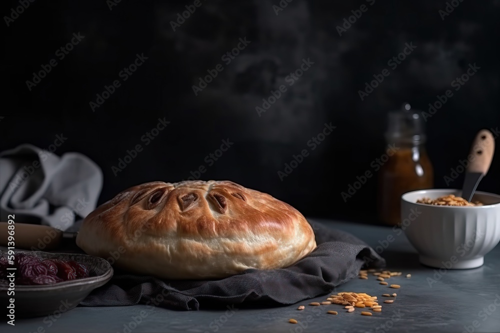  a loaf of bread sitting on top of a table next to a bowl of cereal and a spoon and a jar of honey o