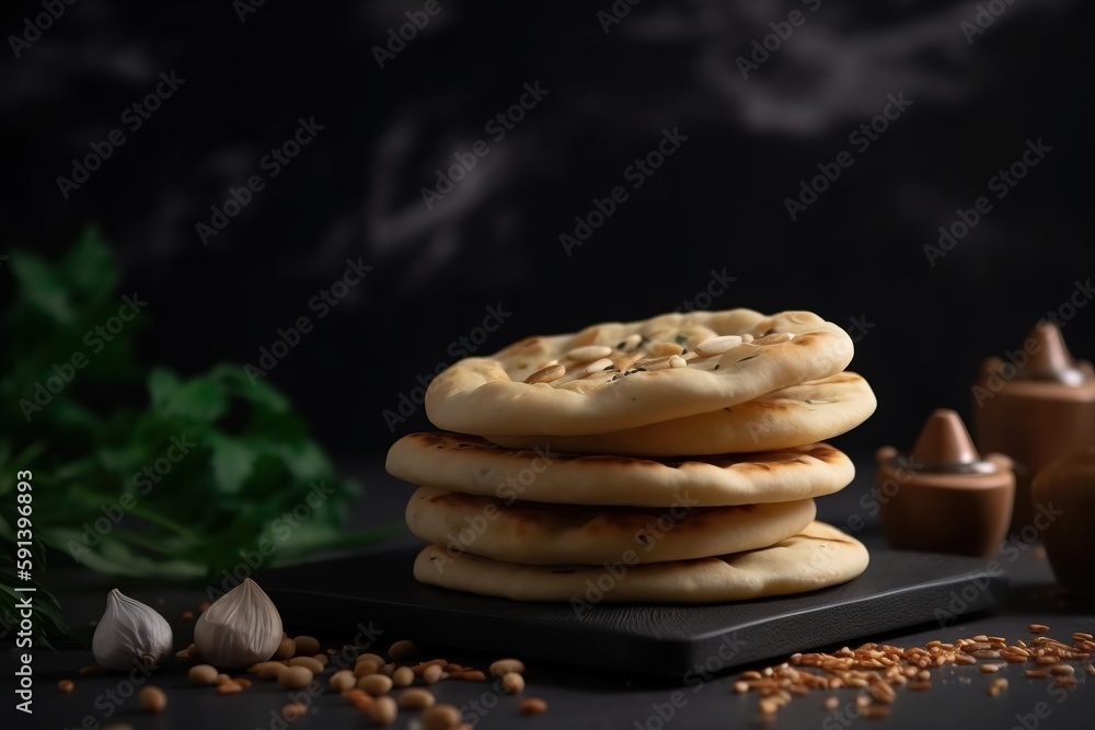  a stack of cookies sitting on top of a cutting board next to a pile of nuts and a jar of spices on 