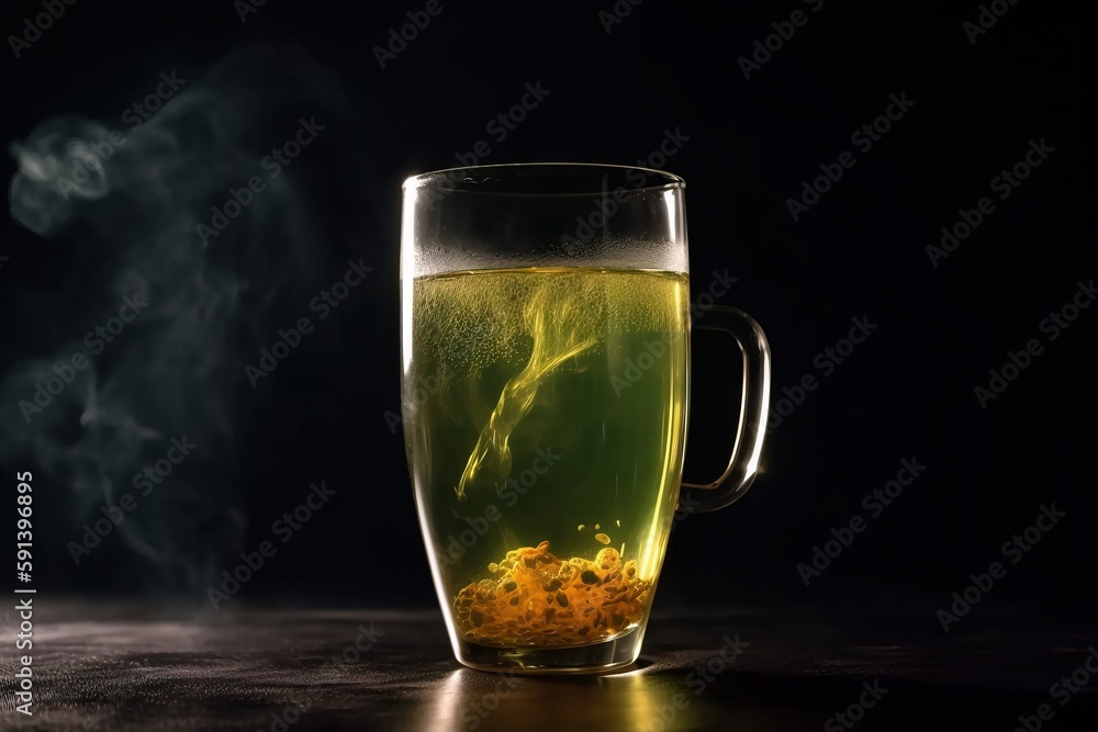  a glass mug filled with liquid and steam rising out of the top of it, on a dark surface with smoke 