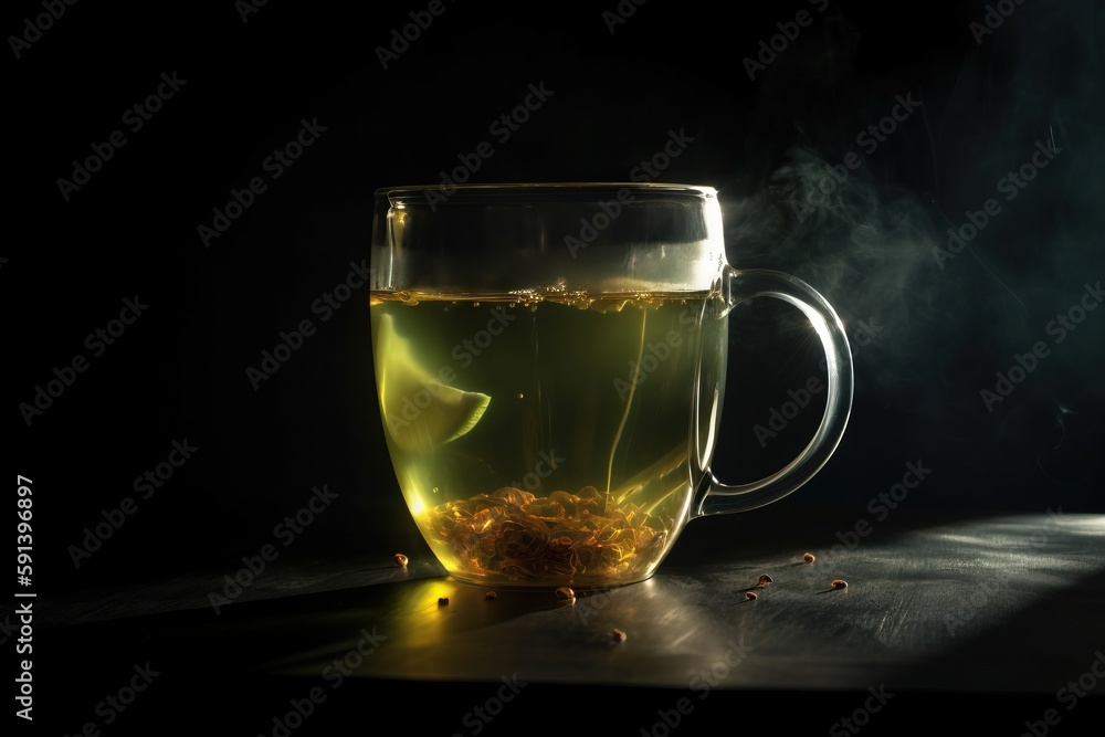  a glass cup filled with green tea sitting on top of a wooden table next to a cup of tea and a spoon