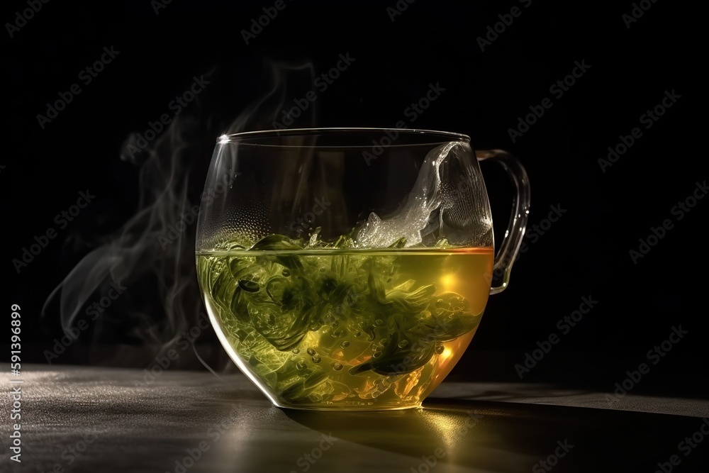  a cup of green tea with steam coming out of the top and a cup of tea in the middle of the cup on a 