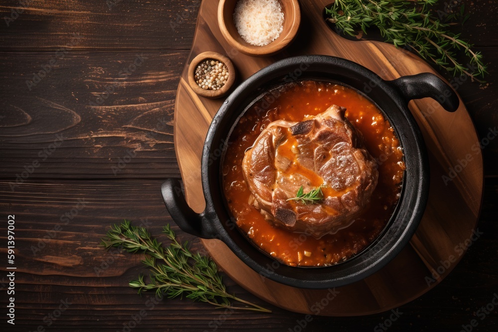  a pot of stew with meat and vegetables on a cutting board next to a bowl of salt and pepper shakers