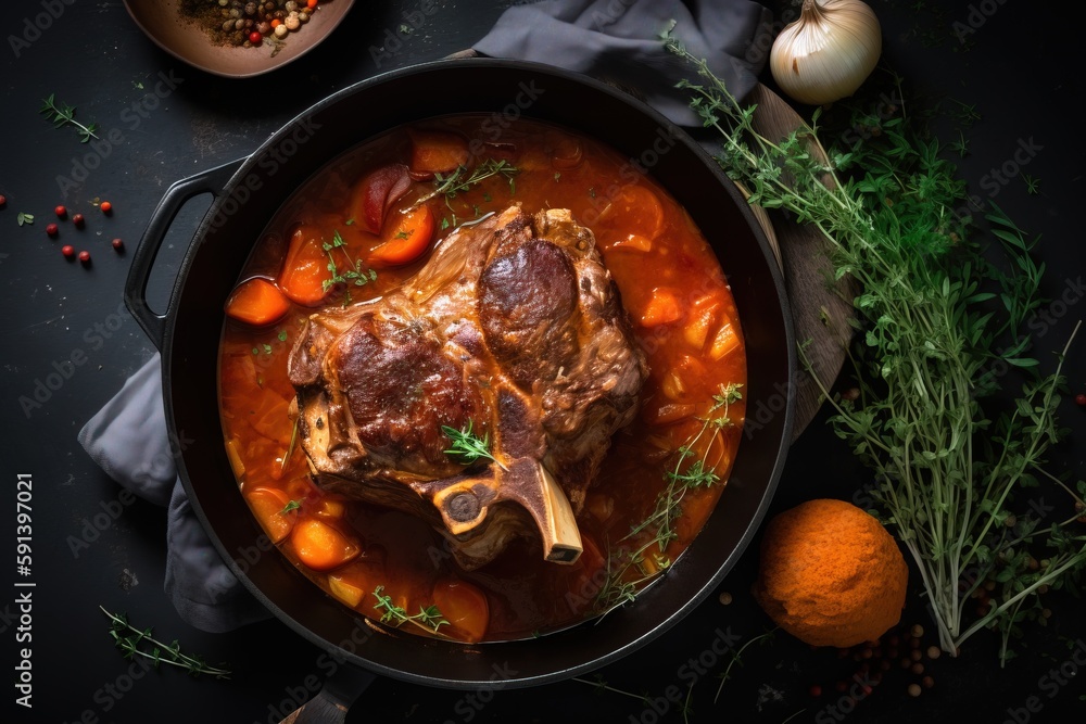  a pot of stew with carrots, potatoes, and meat on a black surface with a spoon and a bowl of orange