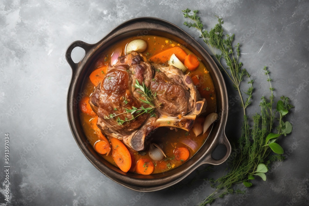  a pot filled with meat and vegetables on top of a table next to a green leafy garnish on top of a g