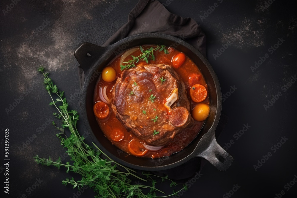  a pot filled with meat and vegetables on top of a black tablecloth next to a fork and a napkin on t