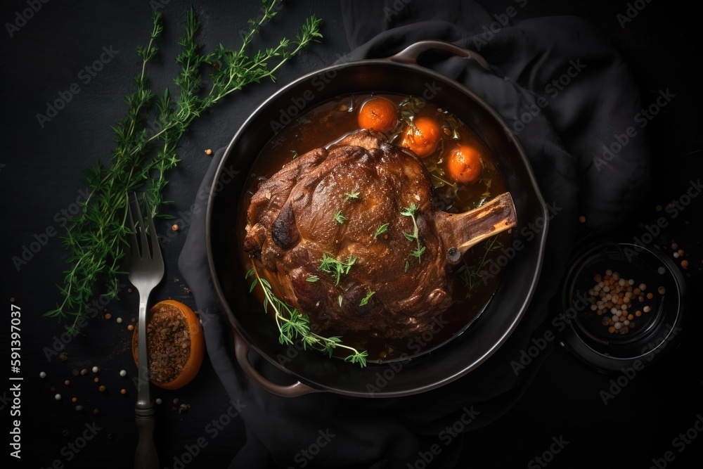  a roasting pan filled with meat and vegetables on a black surface with a spoon and a sprig of parsl