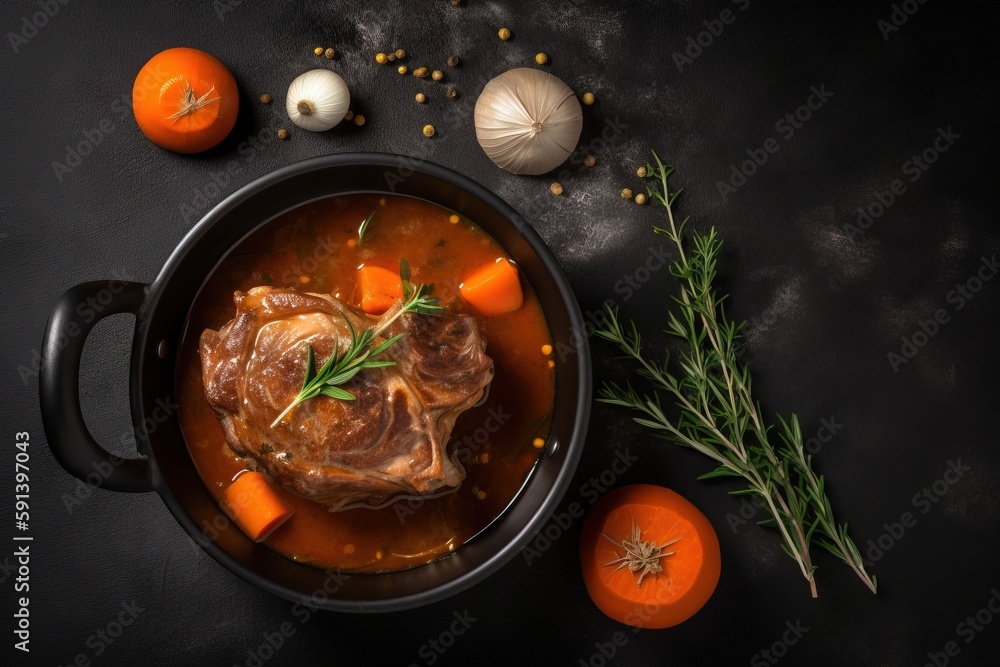  a pot of stew with carrots, garlic, and garlic on a black surface with garlic and an onion sprig ne