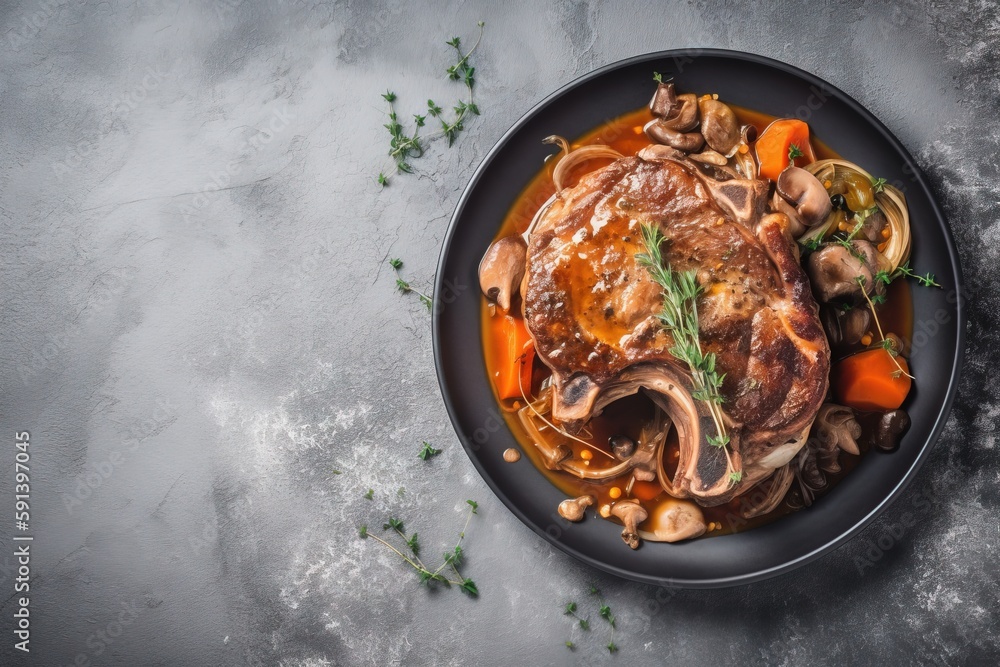  a plate of food with meat, mushrooms, carrots, and broccoli on a gray surface with parsley on the s