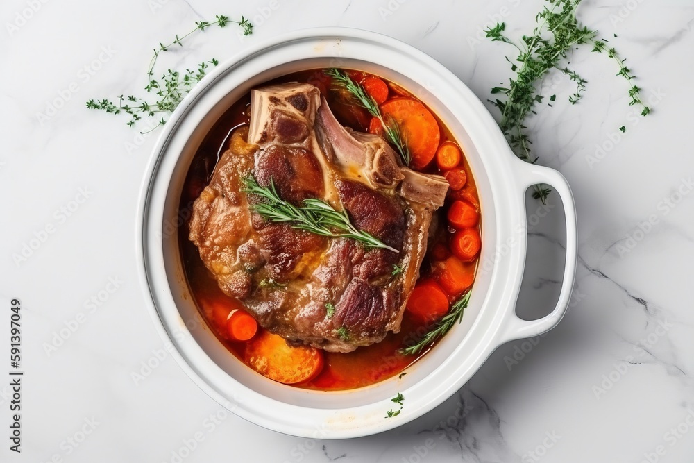  a pot filled with meat and carrots on top of a white counter top next to a sprig of green leaves an